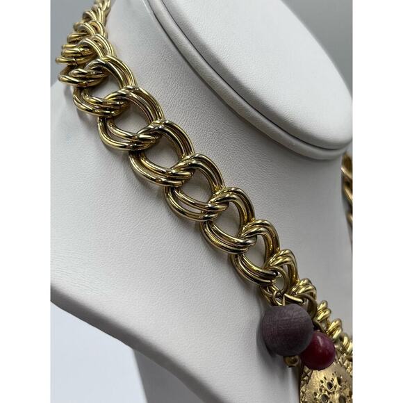 Carol Dauplaise Signed Vintage Double Gold-tone Link Disc Bead Charm Necklace - Picture 7 of 13